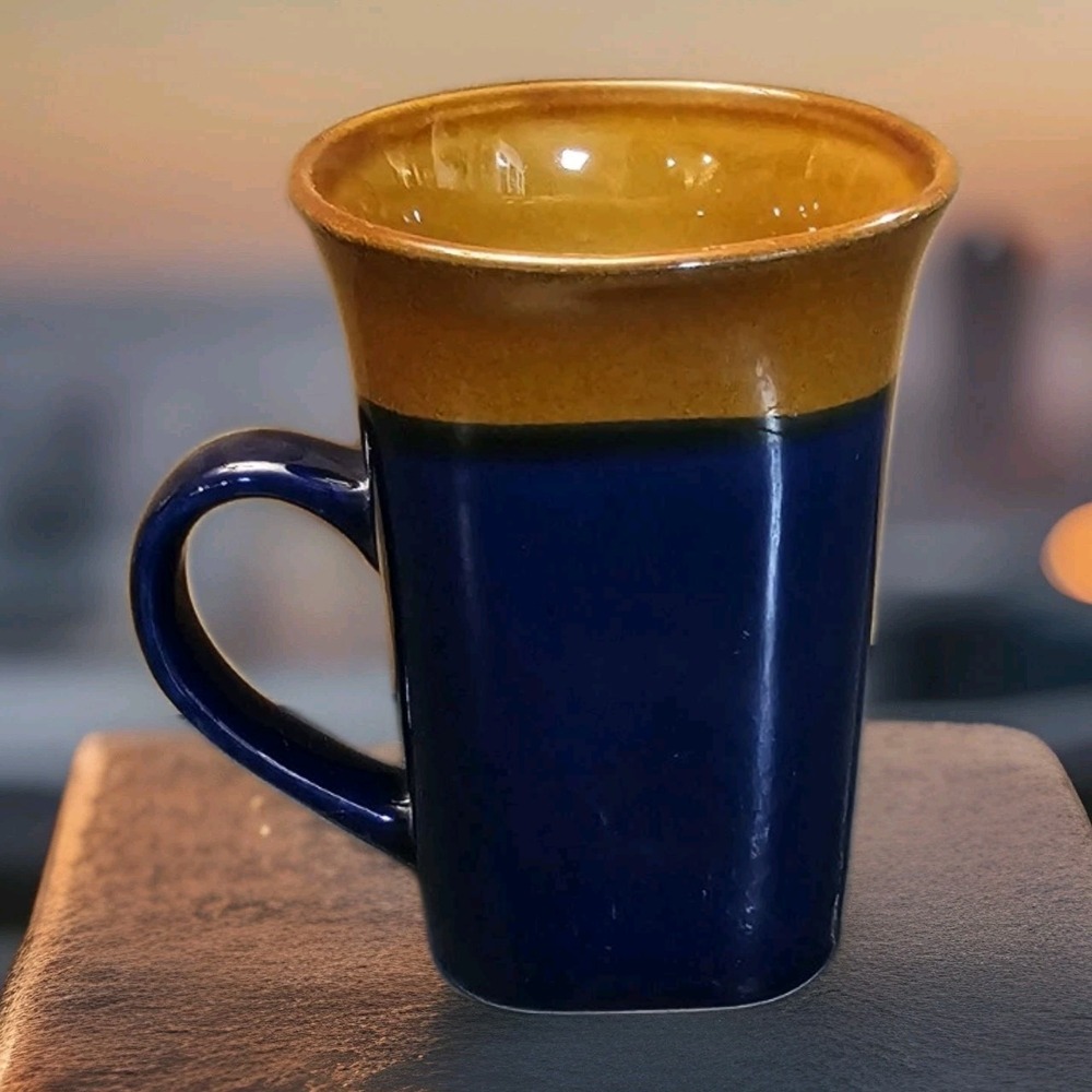 Royal Norfolk Stoneware Blue Brown Western Square 14oz Coffee Mug Cup Flared Rim